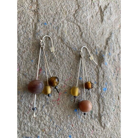 Dangle Earrings Wood Glass Brown Graphic Mod Cubist Yellow - Picture 1 of 7